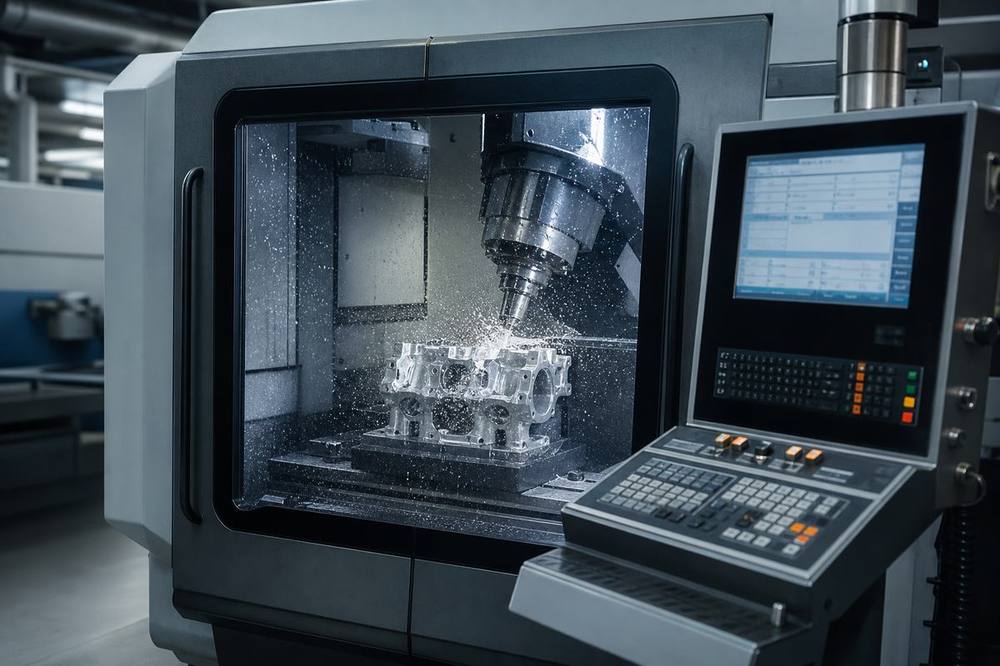 CNC milling machine cutting an aluminum part